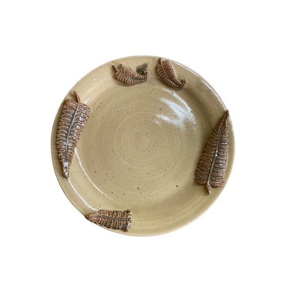 Handcrafted Ceramic 9 in Plate Embossed Brown Green Fern Botanical Pottery - Picture 2 of 8